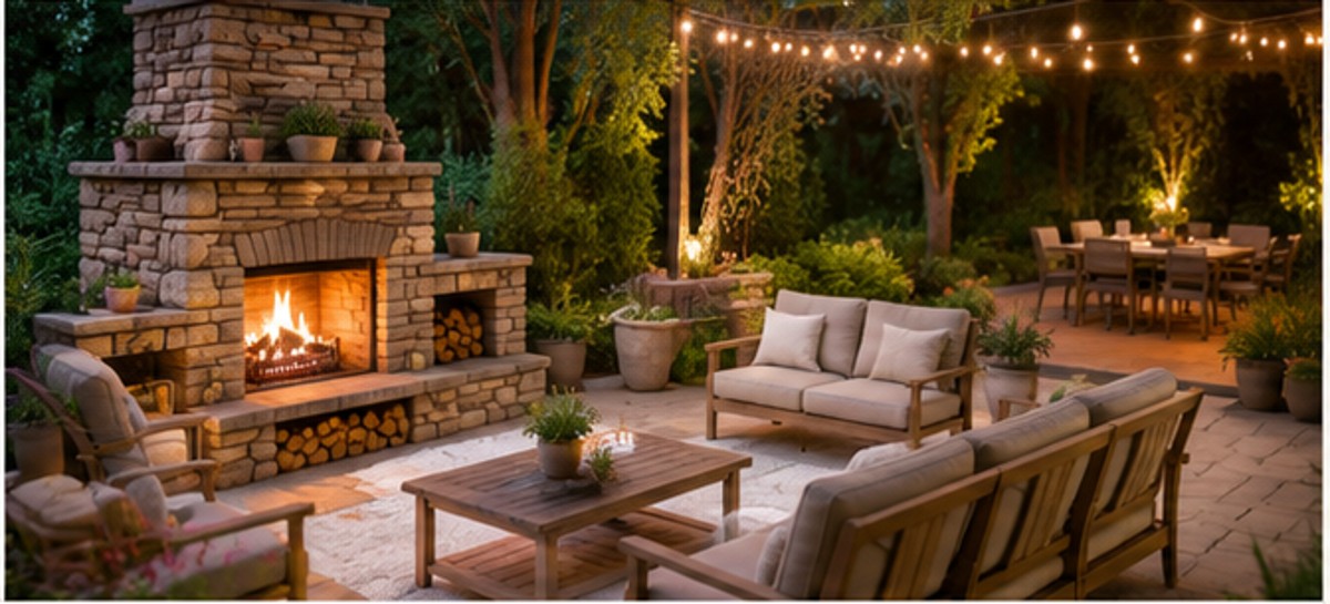 Outdoor living patio with seating, garden planting, and entertaining space